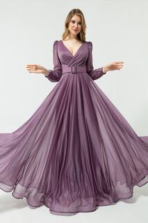 Женское серебристое длинное расклешенное вечернее платье с двубортным воротником лавандового цвета Lafaba, фиолетовый