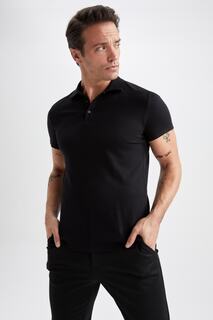Базовая хлопковая футболка с короткими рукавами и воротником-поло Slim Fit DeFacto, черный