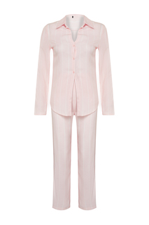 Тканый пижамный комплект из рубашки и брюк в розовую полоску с разрезом Trendyol, розовый