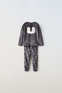 Флисовая пижама с пингвином ZARA, антрацитовый серый