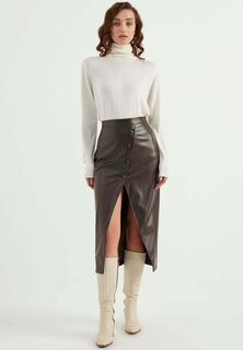 Юбка-карандаш Buttoned Slit Faux Leather Skirt Herita, коричневый