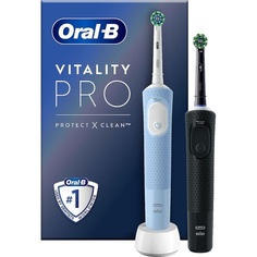 Электрическая зубная щетка Oral-B Vitality Pro с 2 насадками и 3 режимами чистки для ухода за зубами. Подарок для мужчин и женщин. Дизайн Braun, черный/синий.