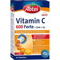 Abtei Витамин C 600 Форте с цинком и витамином D3 — для поддержки иммунитета и защиты клеток — высокие дозы, без глютена, без лактозы, протестировано в лабораторных условиях — 42 таблетки