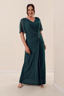 Длинное платье из лайкры и люрекса больших размеров на подкладке из шифона и камней, изумрудного цвета By Saygı, зеленый