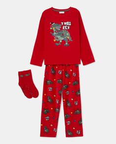 Рождественская пижама + носки для мальчика с принтом динозавров Cotton Juice, красный
