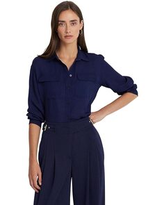 Рубашка LAUREN Ralph Lauren Crepe de Chine Shirt, нави