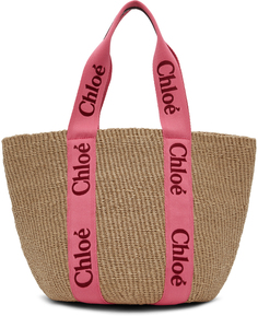 Большая деревянная сумка-тоут Mifuko Edition бежевого и красного цвета Chloe