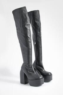 Эластичные сапоги до колена из искусственной кожи на платформе и блочном каблуке boohoo, черный