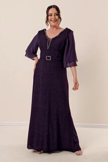 Спереди и сзади V-образным вырезом с шифоновыми рукавами и пряжкой на подкладке, серебристое длинное платье больших размеров By Saygı, фиолетовый