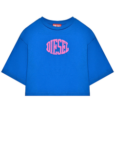 Укороченная футболка с розовым лого, синяя Diesel