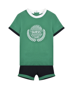 Комплект зеленая футболка с лого+синие шорты Guess