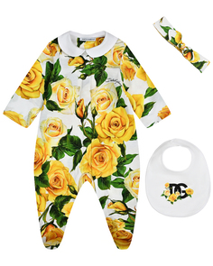Комплект: комбинезон, повязка и слюнявчик, принт &quot;желтые розы&quot; Dolce&Gabbana
