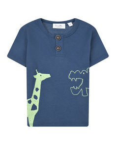 Темно-синяя футболка с принтом &quot;жираф и бегемот&quot; Sanetta Kidswear