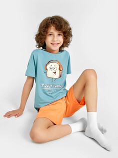 Комплект для мальчиков (футболка голубая с принтом, шорты оранжевые) Mark Formelle