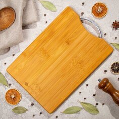 Доска разделочная бамбук, 34х24х1.8 см, с ручкой, прямоугольная, Daniks, H-1080M