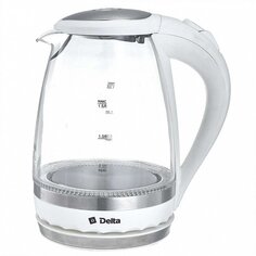 Чайник электрический Delta, DL-1202, белый, 1.5 л, 2200 Вт, скрытый нагревательный элемент, стекло Дельта