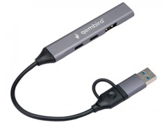 Разветвитель USB 3.0 Gembird UHB-C444 4 порта: 2хType-C, 1хUSB 3.0, 1хUSB 2.0, алюминиевый корпус, серый, кабель Type-C+USB