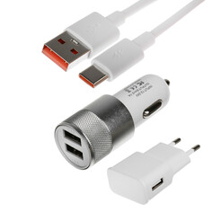 Комплект для зарядки 3 в 1 luazon uc-30, азу 2.1/1а, type-c 1a, 1 м, сзу 1a, серебристый