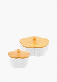 Набор контейнеров для хранения продуктов Elan Gallery 2 предмета - для печенья 14,8х14,8х11,5 см и для печенья 19,5х19,5х10 см Белый узор, с деревянными крышками
