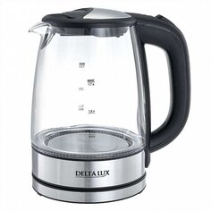 Чайник электрический Delta Lux, DL-1204B, черный, 1.7 л, 2200 Вт, скрытый нагревательный элемент, стекло