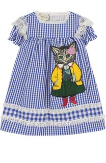 Хлопковое мини-платье свободного кроя с аппликацией и кружевной отделкой Gucci