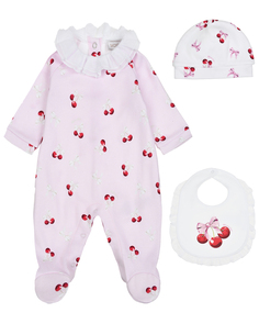 Комплект: комбинезон, шапка и слюнявчик с принтом &quot;вишни&quot; Monnalisa