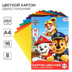 Картон цветной немелованный, а4, 16 л. 8 цв., 200г/м², paw patrol