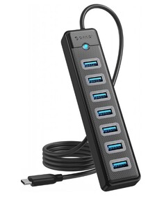 Концентратор Orico PW7U-C3 7*USB-A 3.0, 5 Гбит/с, подключение через USB-С, кабель 1м, черный