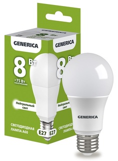Лампа светодиодная GENERICA LL-A60-08-230-40-E27-G A60 8Вт грушевидная 4000К E27 230В