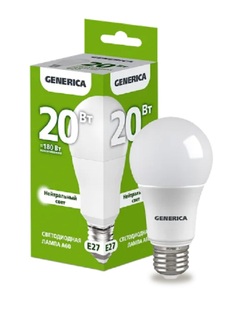 Лампа светодиодная GENERICA LL-A60-20-230-40-E27-G A60 20Вт грушевидная 4000К E27 230В