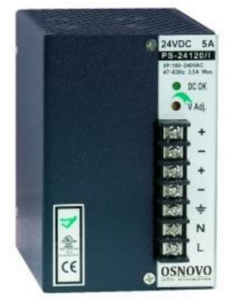 Блок питания OSNOVO PS-24120/I промышленный. DC24V, 5A (120W). Диапазон входных напряжений: AC100-240V. КПД: 81%. Регулировка выходного напряжения в д