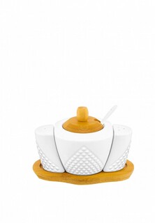 Набор для сервировки специй Elan Gallery сахарница 300 мл 16х10х11 см Ромбики с ложкой, с солонкой и перечницей на деревянной подставке