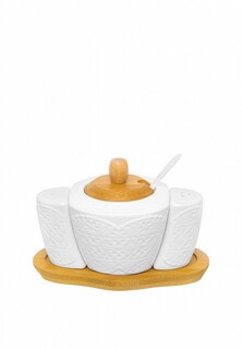 Набор для сервировки специй Elan Gallery сахарница 300 мл 16х10х11 см Кружево с ложкой, с солонкой и перечницей на деревянной подставке