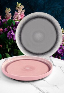 Набор тарелок Elan Gallery Серый меланж и Розовый меланж с бортиком, NEW BONE CHINA, 25,5х25,5х2,5 см