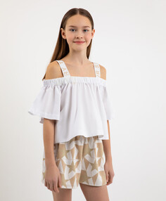 Блузка текстильная с открытой зоной плеч белая для девочки Gulliver