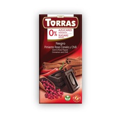Шоколад Torras темный с розовым перцем, корицей и красным перцем чили без сахара 75 г