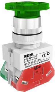 Выключатель DEKraft 25033DEK ВK-22 кнопочный грибок с фикс. AEAL D=22мм 220В зеленый неон