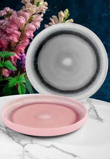 Набор тарелок Elan Gallery Серый меланж и Розовый меланж с бортиком, NEW BONE CHINA, 18,5х18,5х2,3 см
