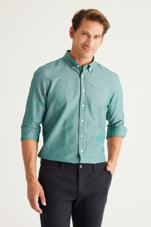 Мужская хлопковая рубашка узкого кроя с зеленым воротником на пуговицах, легко гладиемая хлопковая рубашка-оксфорд AC&amp;Co/Altınyıldız Classics AC&amp;Co Altinyildiz Classics, зеленый