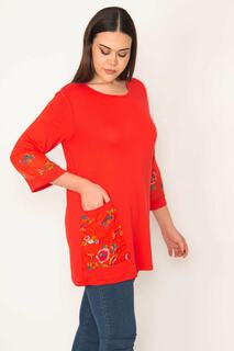 Женская красная блузка большого размера из вискозы с украшением и письменным узором Şans, красный