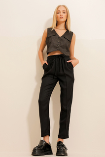 Женские черные брюки с эластичной резинкой на талии и узором «елочка» Trend Alaçatı Stili, черный