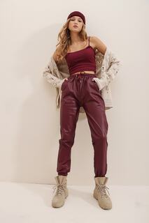 Женские бордовые повседневные брюки из искусственной кожи с двойным карманом на талии и эластичными запястьями ALC-X7329 Trend Alaçatı Stili, бордовый