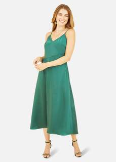 Yumi Зеленое атласное платье миди с бретелями