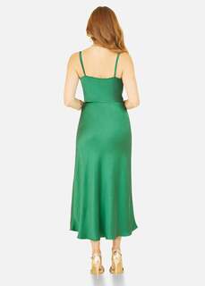 Yumi Зеленое атласное платье-комбинация с воротником-хомутом