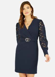Mela Темно-синее платье с кружевными рукавами и золотым поясом Apple