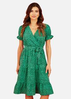 Mela Зеленое платье миди с запахом и рукавами с рюшами Apple с животным принтом