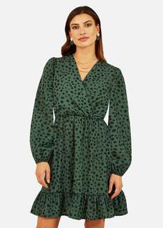 Mela Зеленое платье миди с длинными рукавами и запахом Apple с принтом Dalmatian
