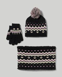 Жаккардовая трикотажная шапка + утеплитель для шеи + комплект перчаток, черный/розовый NO Brand