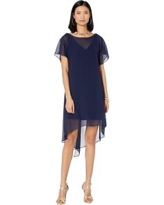 Платье Adrianna Papell Chiffon Overlay Sheath, темно-синий