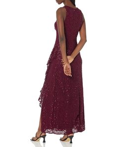 Платье Alex Evenings Long Sleeveless Dress with Cascade Ruffle Detail and Front Slit, цвет Wine